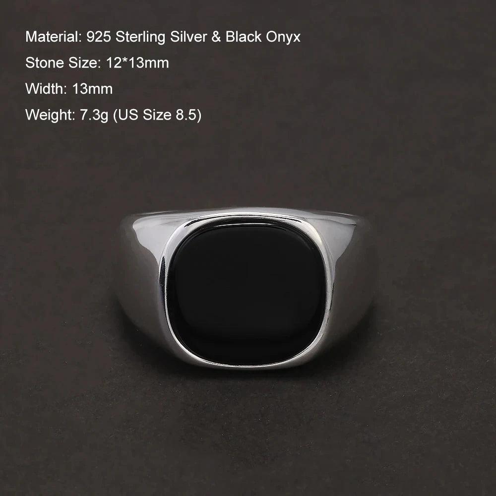 S925 Sterling Silver Black Onyx Signet Ring for Men Trendy Retro Smooth Punk Rock Party Jewelry Pinky Ring Wedding Accessories - GQTORCH Jewelry
