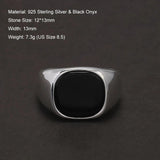 S925 Sterling Silver Black Onyx Signet Ring for Men Trendy Retro Smooth Punk Rock Party Jewelry Pinky Ring Wedding Accessories - GQTORCH Jewelry