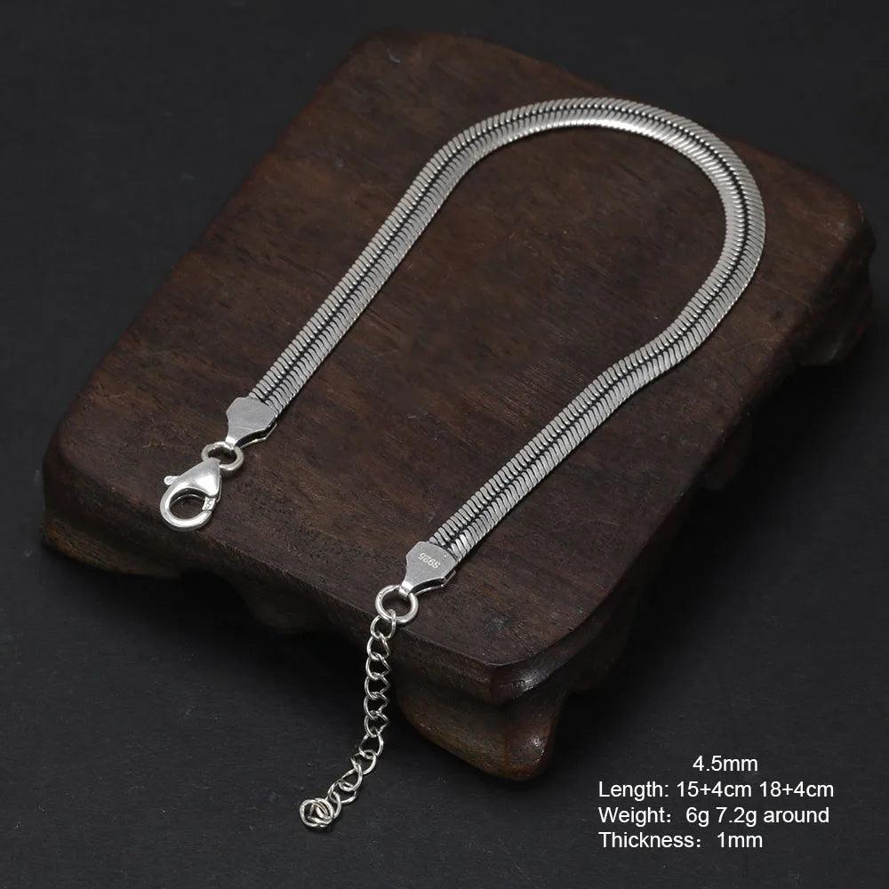 Real 925 Sterling Silver Blade Snake Chain Bracelet Simple with 4 Extension Delicate Fine Jewelry Gift for Men and Women - GQTORCH Jewelry