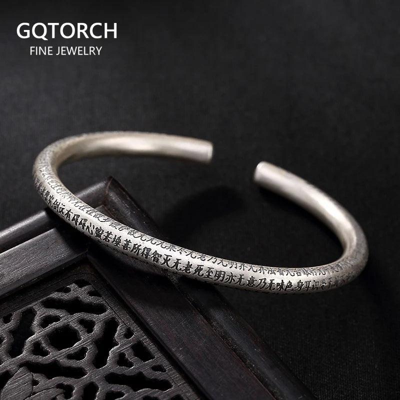999 Pure Silver Bangles for Women Heart Sutra Buddhist Scriptures Engraved Mother Lover Gift Fine Sterling Silver Jewelry - GQTORCH Jewelry