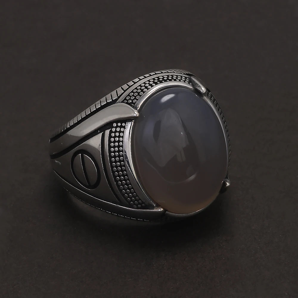 S925 Sterling Silver Agate Signet Ring for Men Turkish Wedding Ring Vintage Retro Fashion Motor Biker Party Jewelry