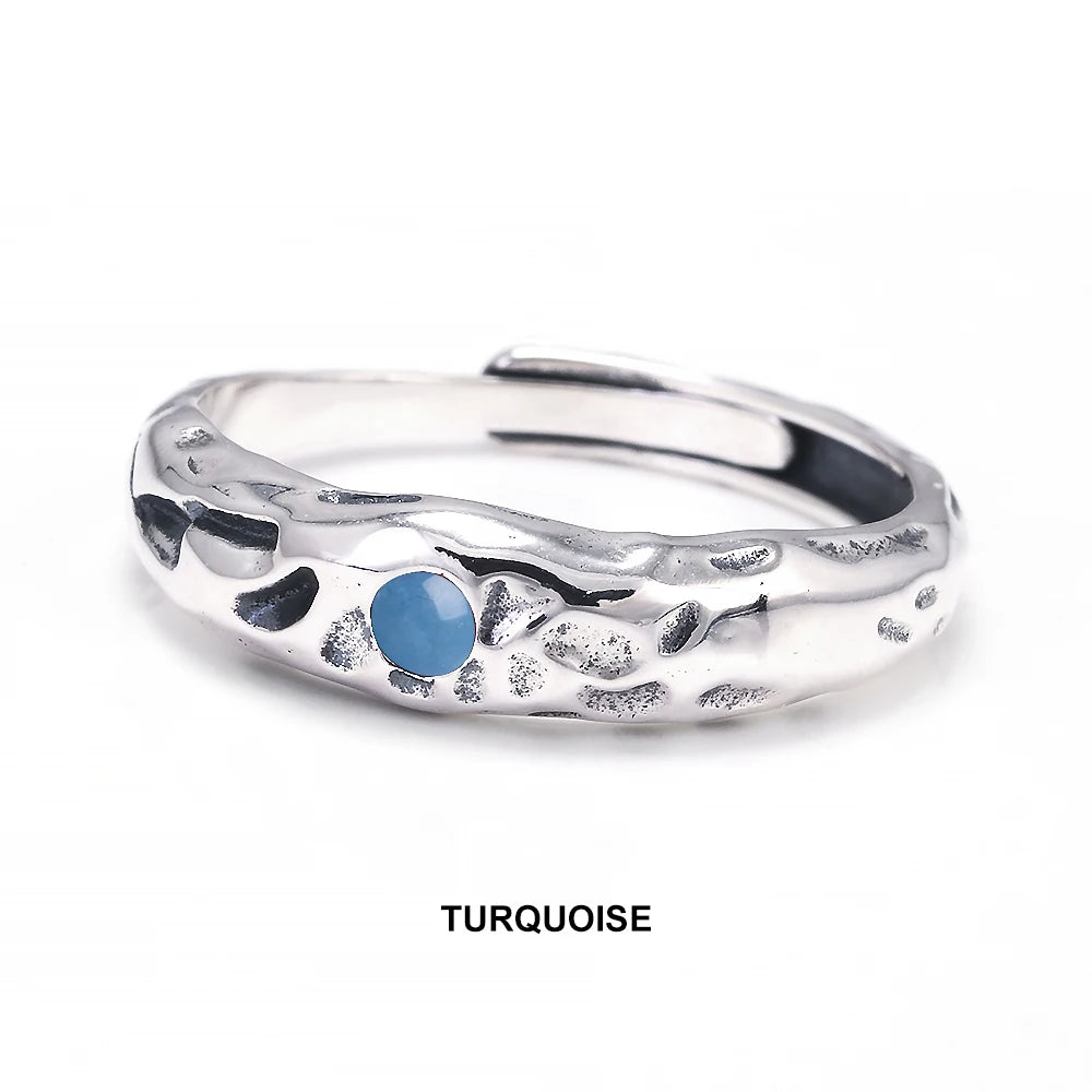 Solid 925 Sterling Silver Zircon Birthstone Ring for Women Irregular Hammered Adjustable Simple Fashion Daily Jewelry Party Gift