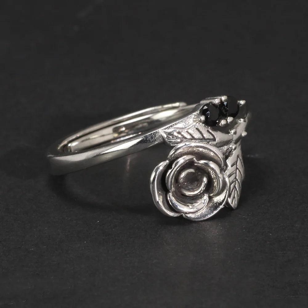 Real 925 Sterling Silver Jewelry Rose Flower Rings For Women With Black Zircon Stone Adjustable Wedding Rings For Women - GQTORCH Jewelry