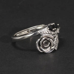 Real 925 Sterling Silver Jewelry Rose Flower Rings For Women With Black Zircon Stone Adjustable Wedding Rings For Women - GQTORCH Jewelry
