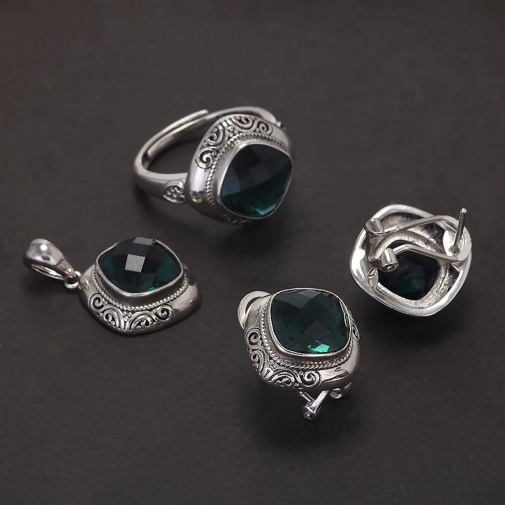 Handmade 925 Sterling Silver Women's Ethnic Jewelry Set Man-made Emerald Ring Earrings Pendant Fashion Vintage Style Jewelry