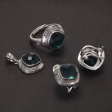 Handmade 925 Sterling Silver Women's Ethnic Jewelry Set Man-made Emerald Ring Earrings Pendant Fashion Vintage Style Jewelry