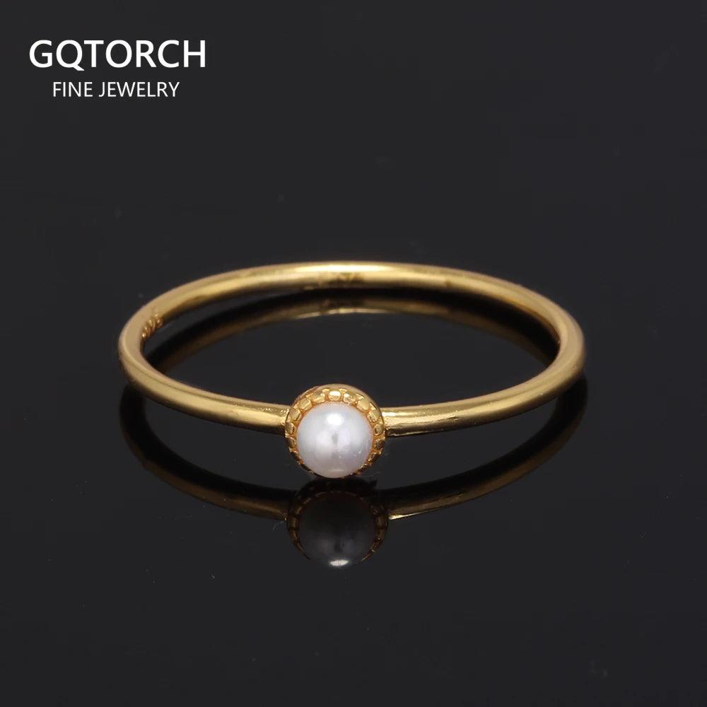 Real 925 Sterling Silver Small Pearl Rings for Women Gold Plating Minimalist Fine Jewelry Anniversary Gift - GQTORCH Jewelry