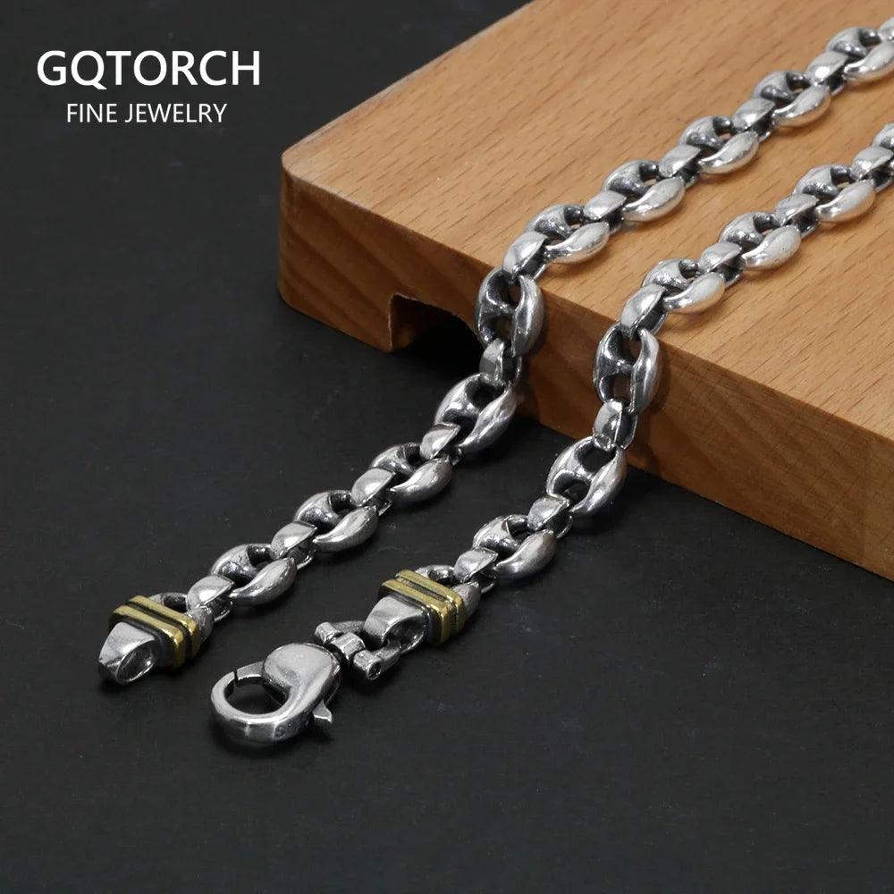 Solid 925 Sterling Silver 7mm Necklace Coffee Bean Chain for Men Retro Antique Punk Style Fine Jewelry - GQTORCH Jewelry