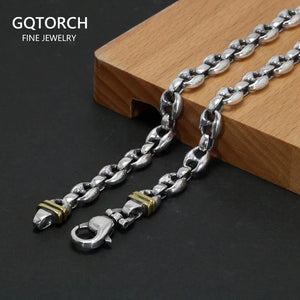 Solid 925 Sterling Silver 7mm Necklace Coffee Bean Chain for Men Retro Antique Punk Style Fine Jewelry - GQTORCH Jewelry