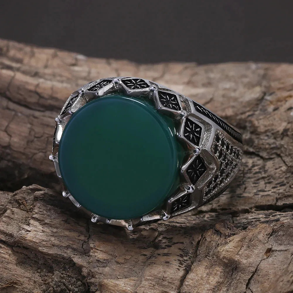 925 Sterling Silver Black Stone Onyx Signet Ring for Men Micro Inlaid Zircon Red Green Agate Ring Luxury Vintage Turkey Jewelry