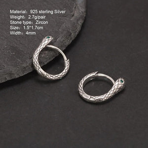 Vintage Fashion 925 Sterling Silver Snake Hook Earrings for Men and Women Zircon Green Eyes Punk Hip Hop Jewelry - GQTORCH Jewelry