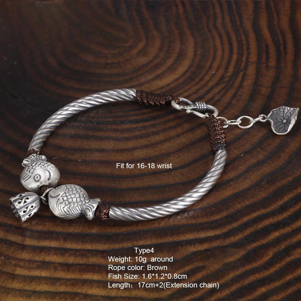 999 Silver Men and Women Pixiu Lucky Handmade Bracelet Leather Rope Adjustable Bracelet Lotus Leaf Fashion Animal Fish Jewelry - GQTORCH Jewelry