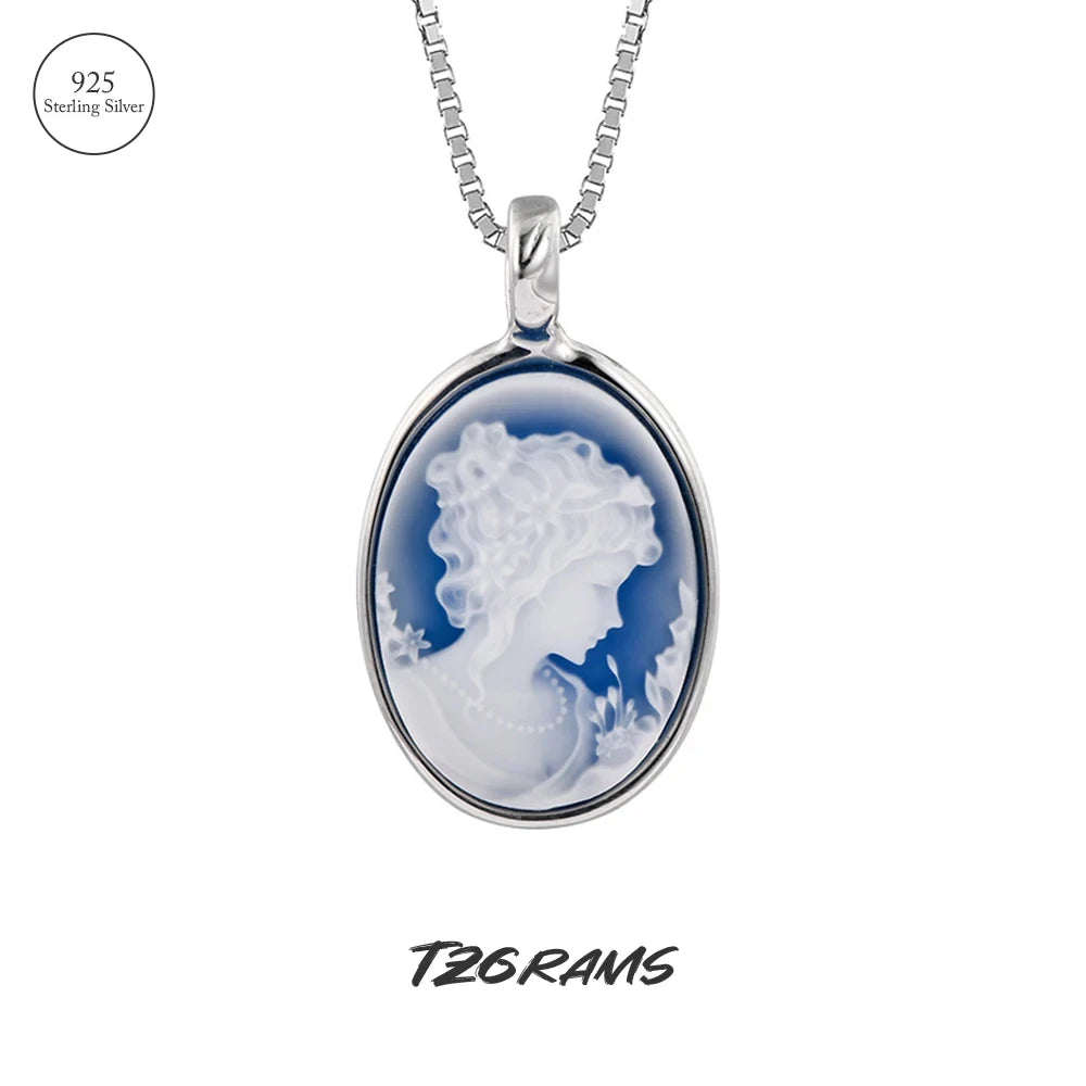 S925 Sterling Silver Natural Blue/Green Agate Goddess Oval Cameo Pendant Necklace for Women White Shell Trendy Elegant Vintage Jewelry
