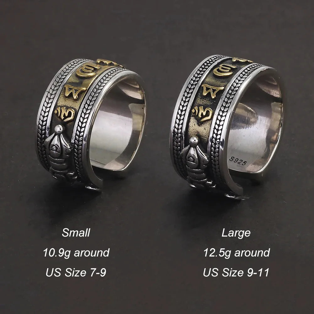 925 Sterling Silver Six Word Mantra Vajra Ring for Men Women Auspicious Knot Vintage Retro Buddhist Spiritual Protection Jewelry