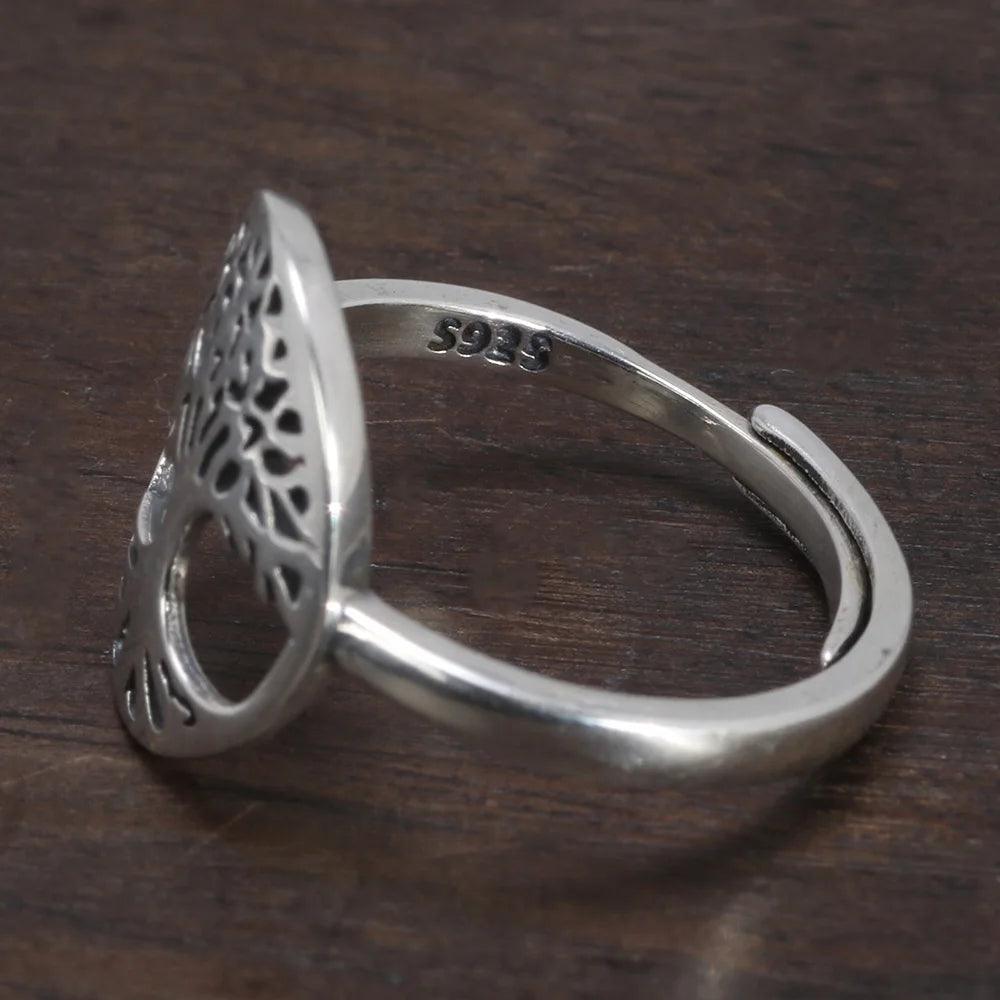 Real 925 Sterling Silver Tree of Life Ladies Ring Hollow Design Viking Jewelry Resizable US Size 5-10 - GQTORCH Jewelry