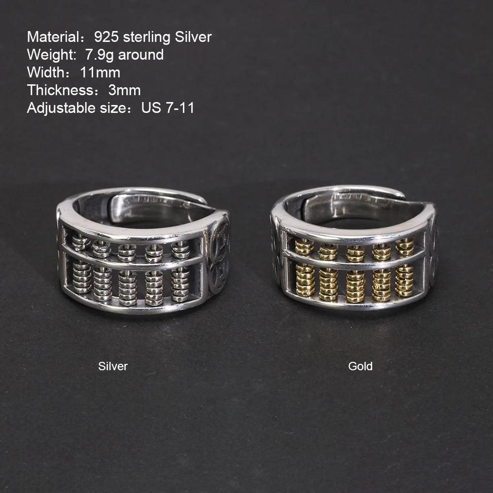 Real S925 Vintage Sterling Silver Wealth Coin Abacus Ring Open Style Men's and Women's Feng Shui Jewelry - GQTORCH Jewelry