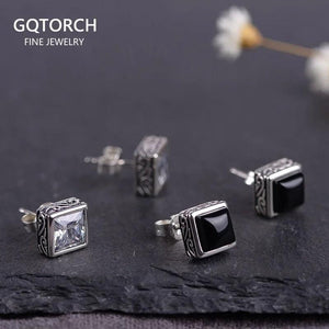 S925 Sterling Silver Vintage Craft Black Agatestud Earrings Women Simple Square Zircon Earrings Thai Silver Jewelry - GQTORCH Jewelry