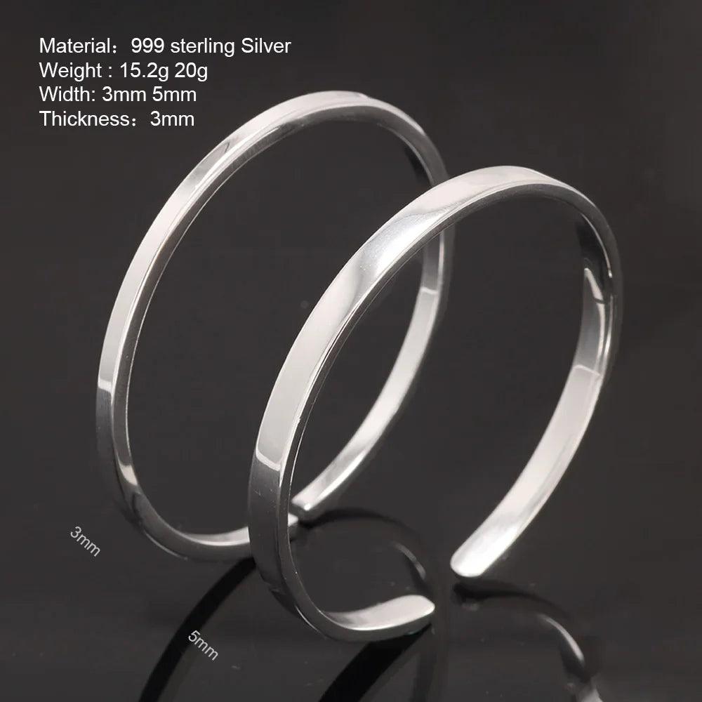 Real 999 Sterling Silver Simple Smooth Cuff Bracelet Men and Women Shining Craft Couple Bangle Minimalism Jewelry - GQTORCH Jewelry