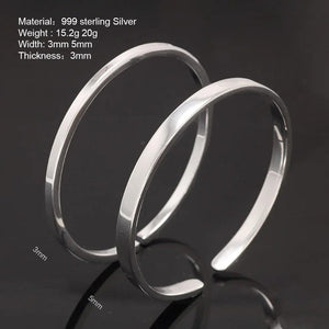 Real 999 Sterling Silver Simple Smooth Cuff Bracelet Men and Women Shining Craft Couple Bangle Minimalism Jewelry - GQTORCH Jewelry