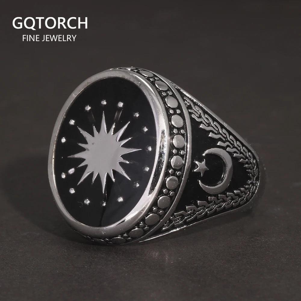 Original 925 Sterling Silver Turkish Rings for Men Muslim Signet Retro Design Star Moon Turkey Flag Jewelry Gift - GQTORCH Jewelry