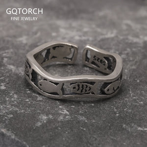 100% 925 Sterling Silver Retro Fish Ring Women Men Hollowed out Twist Wave Lucky Fish Opening Ring Fashion Party Jewelry Gift