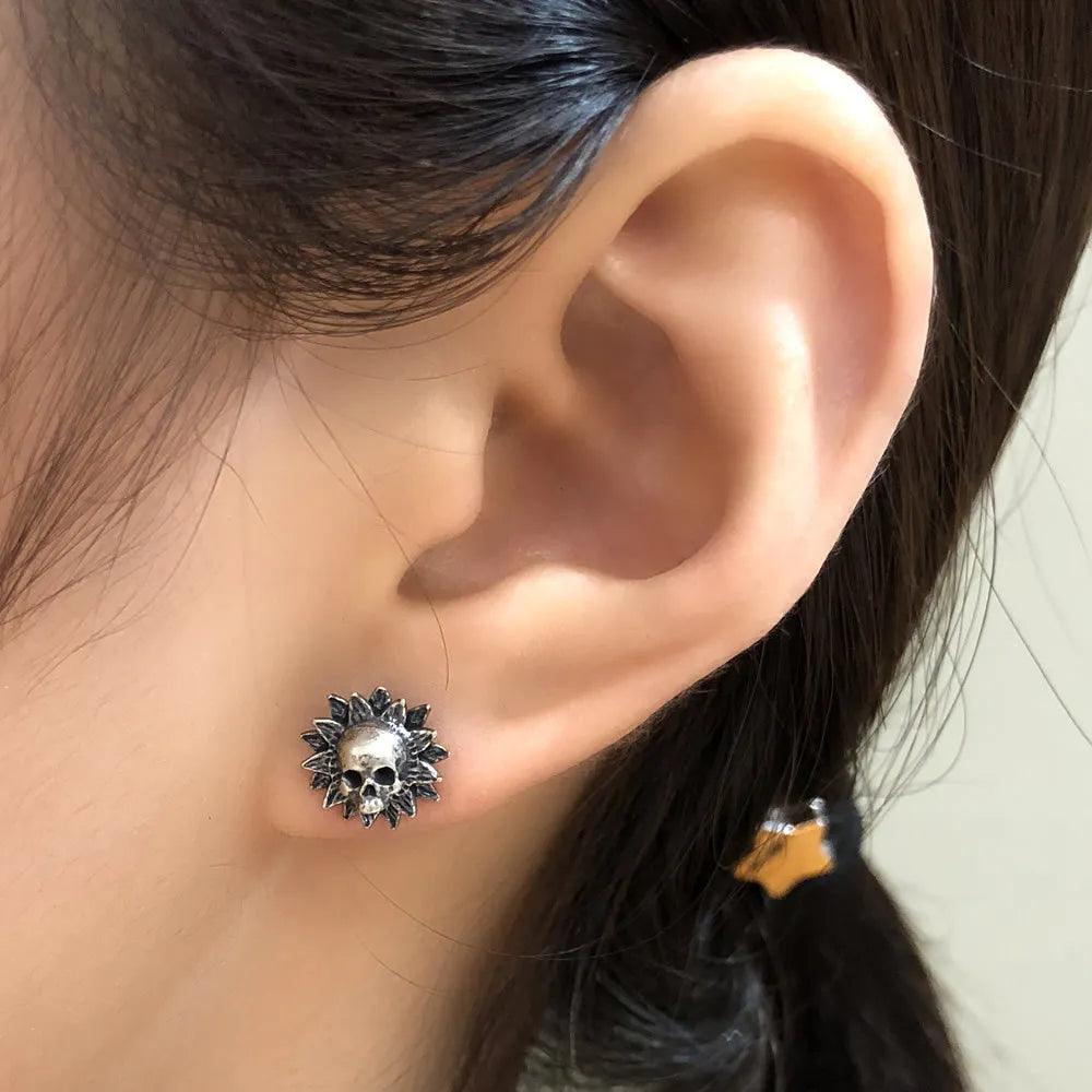Real 925 Sterling Silver Skeleton Earrings For Women Sunflower Shape Gothic Punk Style - GQTORCH Jewelry