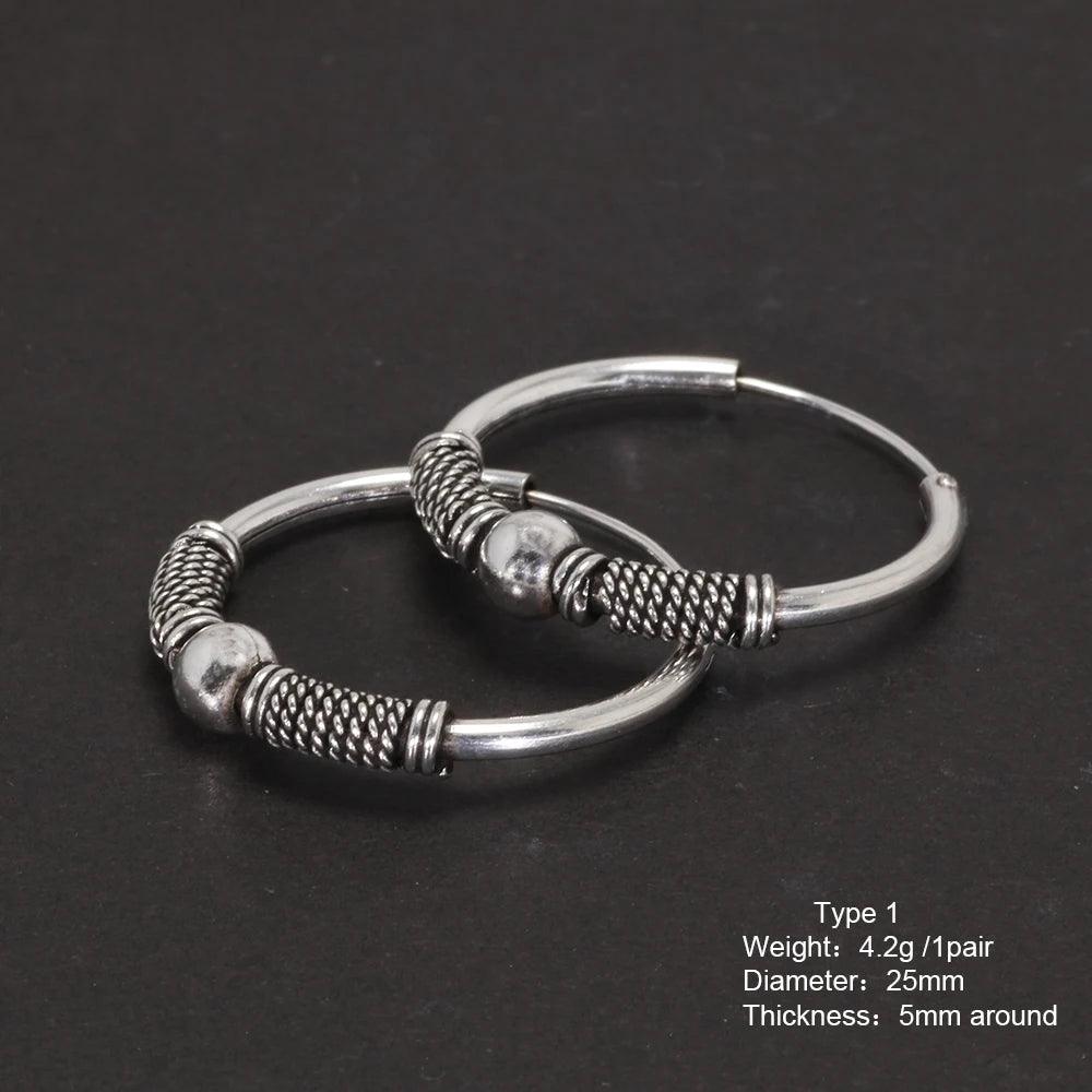 Real 925 Sterling Silver Hoop Earrings Antique Thai Silver Round Circle Hip Hop Punk Gothic Jewelry Party Gift - GQTORCH Jewelry