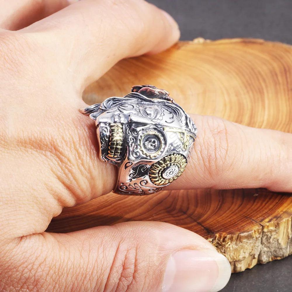 Real Pure 925 Sterling Silver Half Face Sugar Skull Ring With Rose Flower Carving Vintage Punk Thai Silver Jewelry Personality - GQTORCH Jewelry