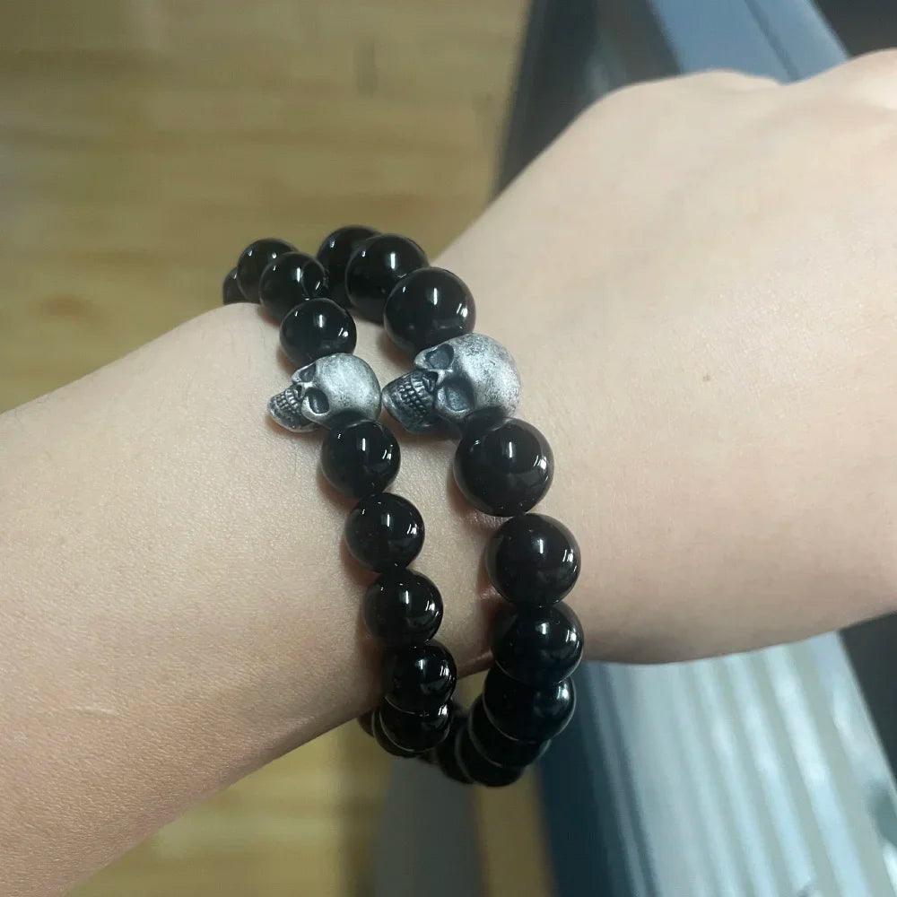 Vintage 925 Sterling Silver Skull Beaded Bracelet Natural Tiger Eye Agate Stone Beads Men Women Couple Fine Jewelry - GQTORCH Jewelry