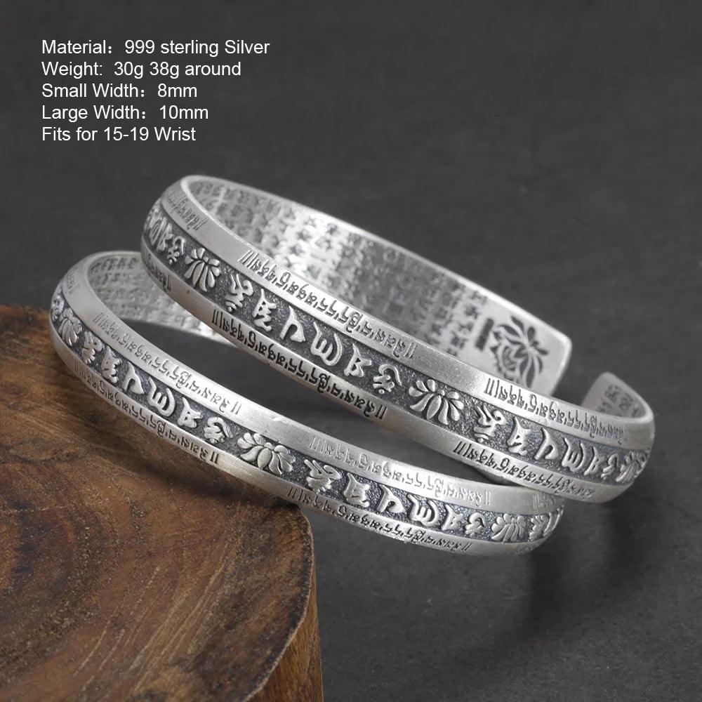 Real 999 Pure Silver Cuff Bangle Engraved Heart Sutra Six-character Mantra Retro Lovers Men's and Women's Bracelets Open Type - GQTORCH Jewelry