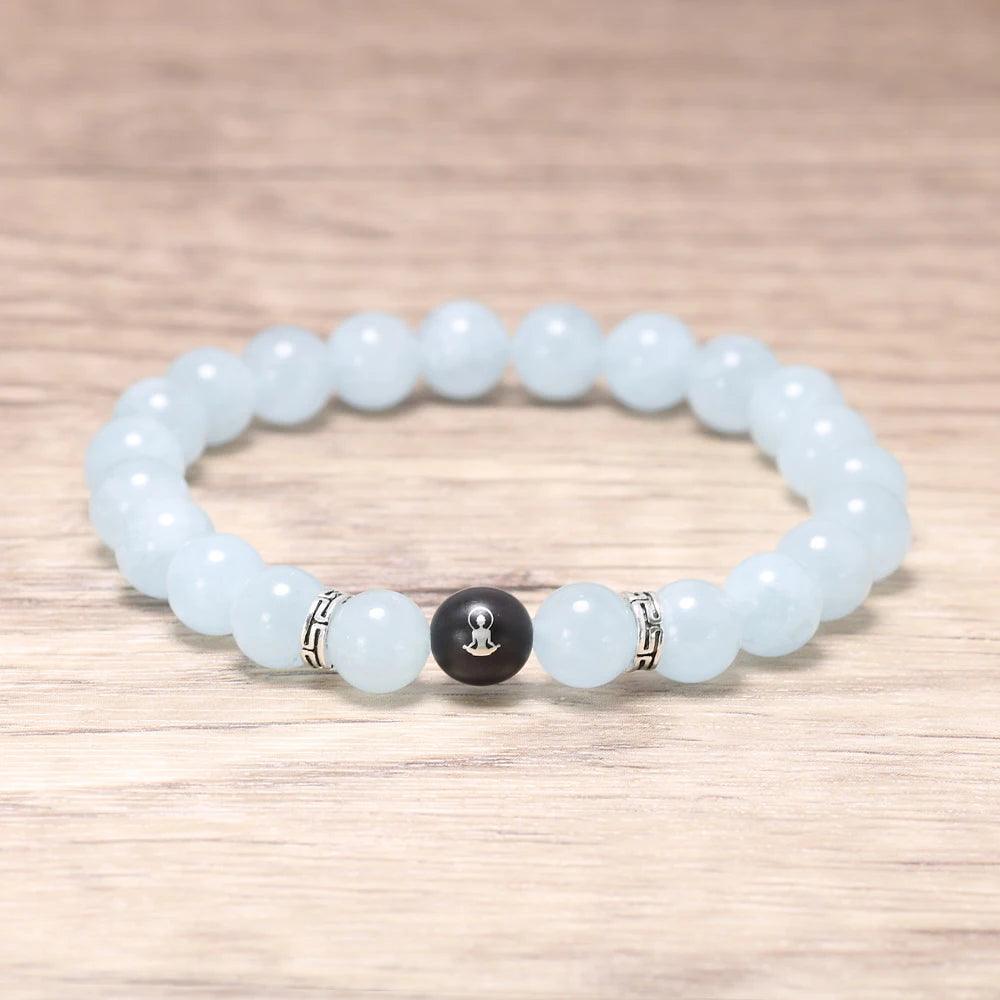 Natural Aquamarine Beads Bracelet with Lotus Finger Meditation Sandalwood Bead 925 Sterling Silver Accessories Men and Women - GQTORCH Jewelry