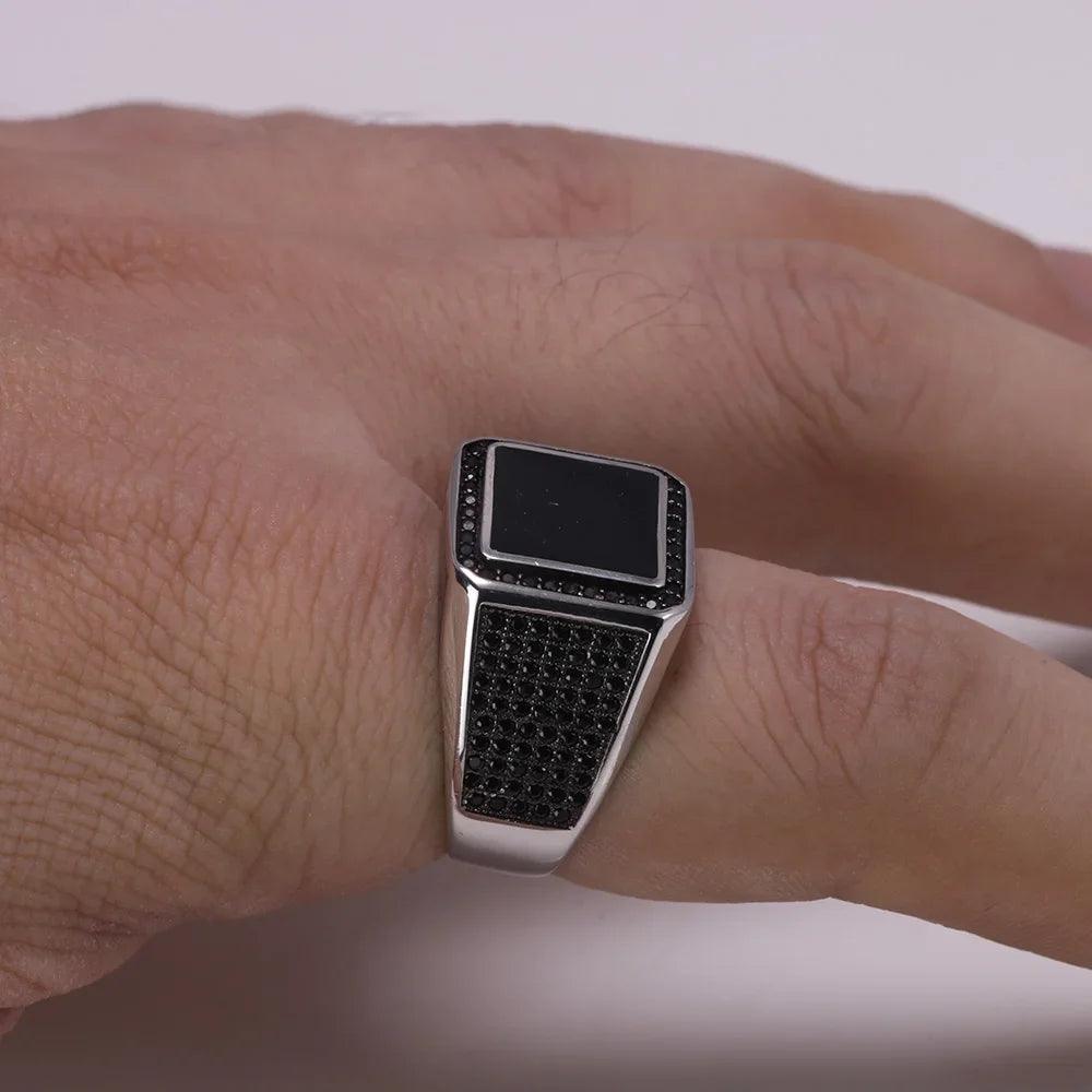 Real 925 Sterling Silver Rings For Men Micro Paved Zircon Stone Biker Men Signet Ring Black Turkey Jewelry - GQTORCH Jewelry