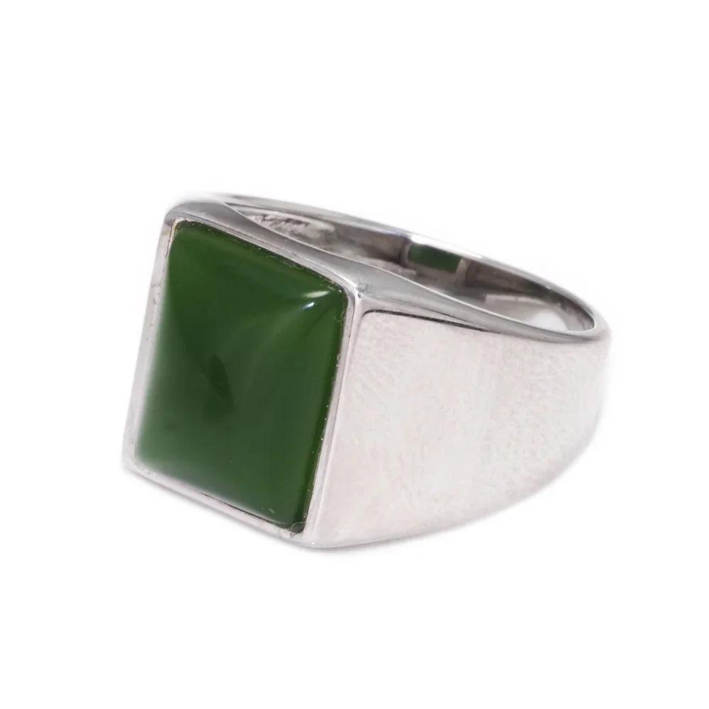 Real 925 Sterling Silver Green Agate Ring for Men Square Shape Natural Gemstone Band Minimalism Jewelry - GQTORCH Jewelry