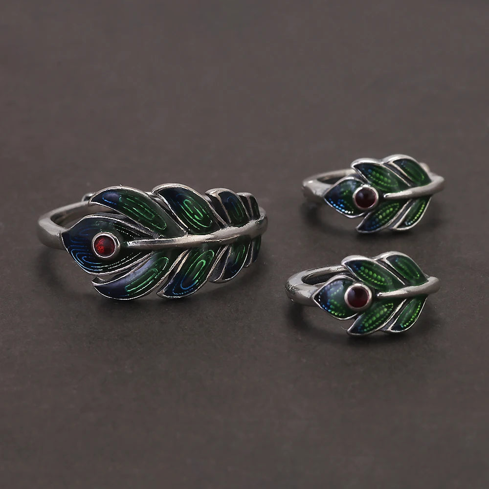 925 Sterling Silver Peacock Feather Ring Earrings for Women Green Color Enameling Vintage Fashion Jewelry Set