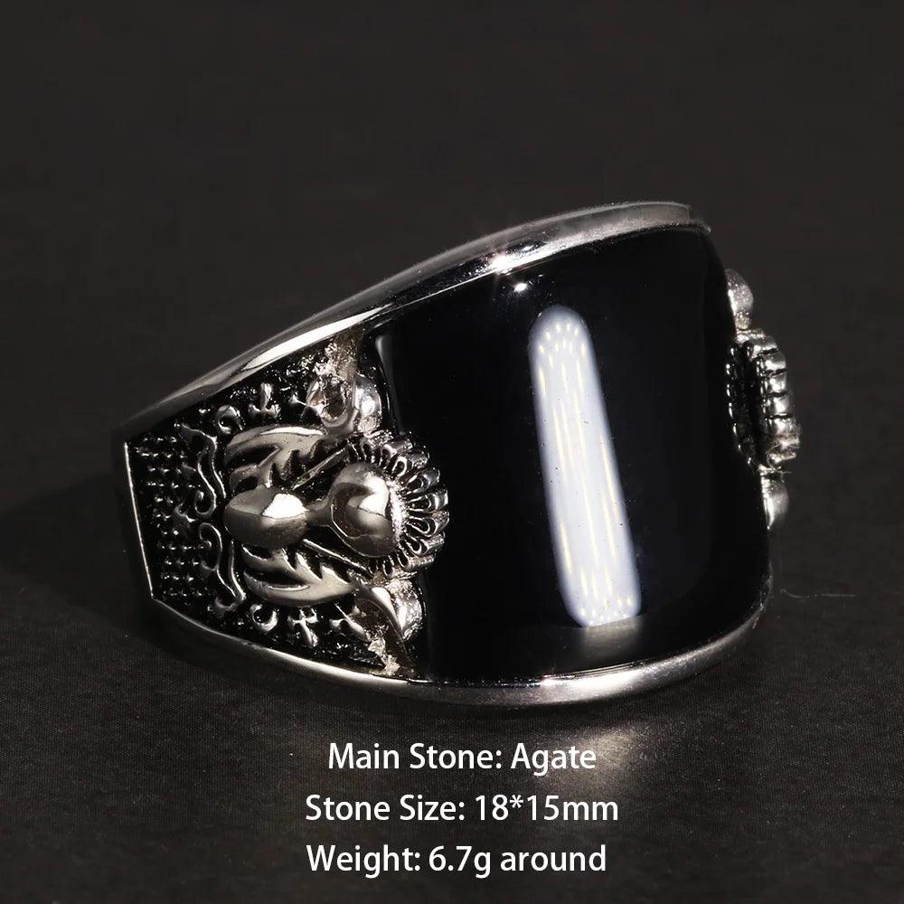 Vintage Punk 925 Rings With Natural Black Onyx Stone Unique Curved Surface Biker Rings For Men - GQTORCH Jewelry