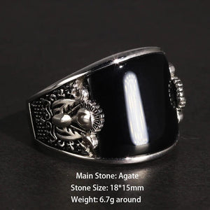Vintage Punk 925 Rings With Natural Black Onyx Stone Unique Curved Surface Biker Rings For Men - GQTORCH Jewelry