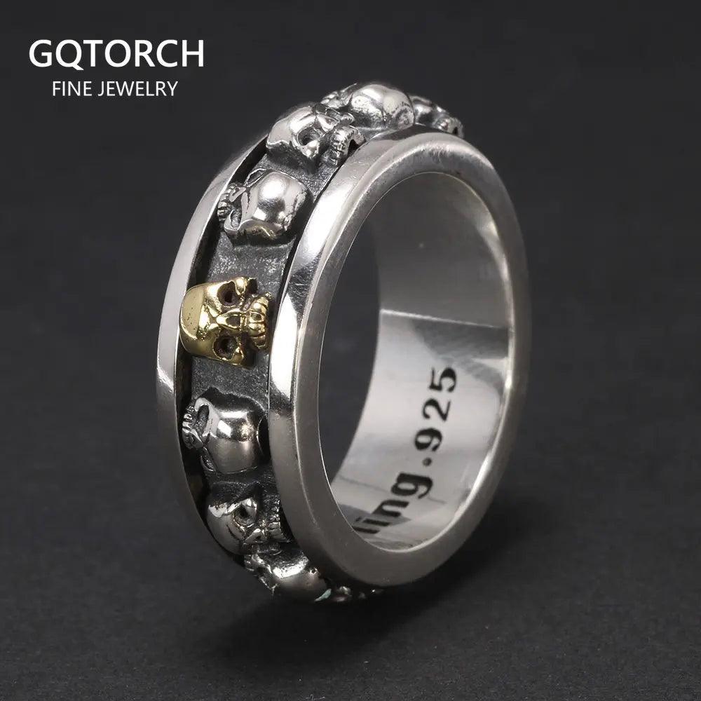 S925 Sterling Silver Rotating Spinner Skull Mens Rings Retro Punk Rock Style Aneis Vintage Fine Jewelry - GQTORCH Jewelry