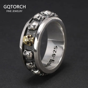 S925 Sterling Silver Rotating Spinner Skull Mens Rings Retro Punk Rock Style Aneis Vintage Fine Jewelry - GQTORCH Jewelry