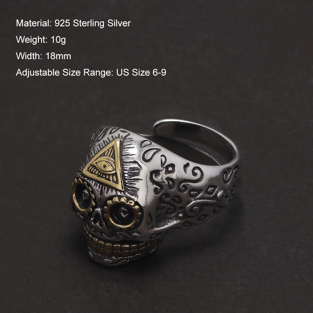 S925 Sterling Silver Punk Retro All-Seeing Eye Skull Ring for Women Eye of Providence Men‘s Pinky Ring Cool Biker Jewelry - GQTORCH Jewelry