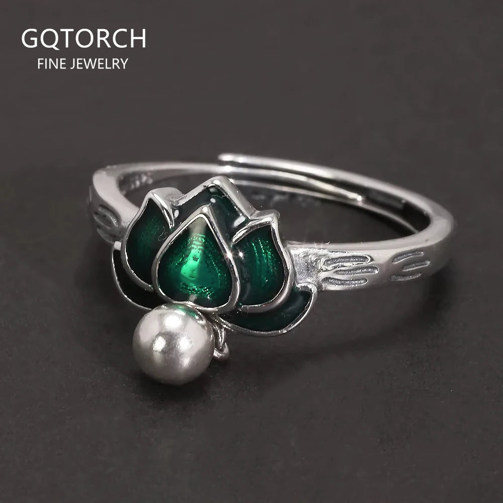 925 Sterling Silver Green Lotus Ring Earrings with Dangle Bead Enameled Women's Vintage Fashion Elegant Jewelry Set