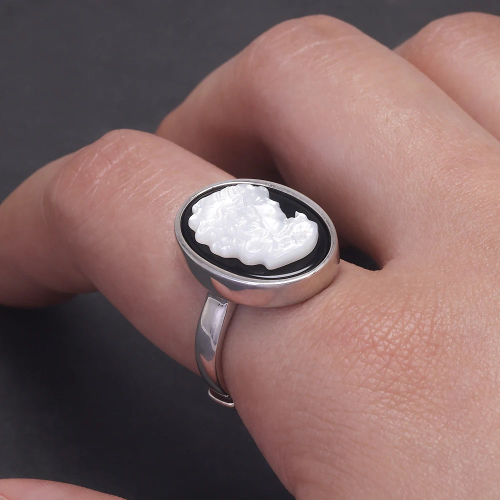 925 Sterling Silver Black Onyx Queen Cameo Ring for Women Double Sides Rotatable Rings Natural Shell Vintage Jewelry Adjustable