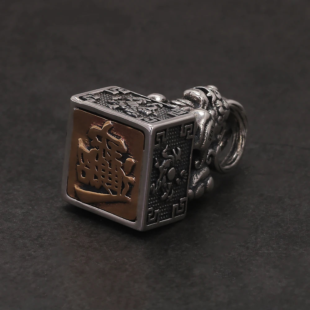 Solid 925 Sterling Silver Ancient Pixiu Signet Pendant Necklace for Men Good Wealth Amulet Feng Shui Vintage Retro Jewelry