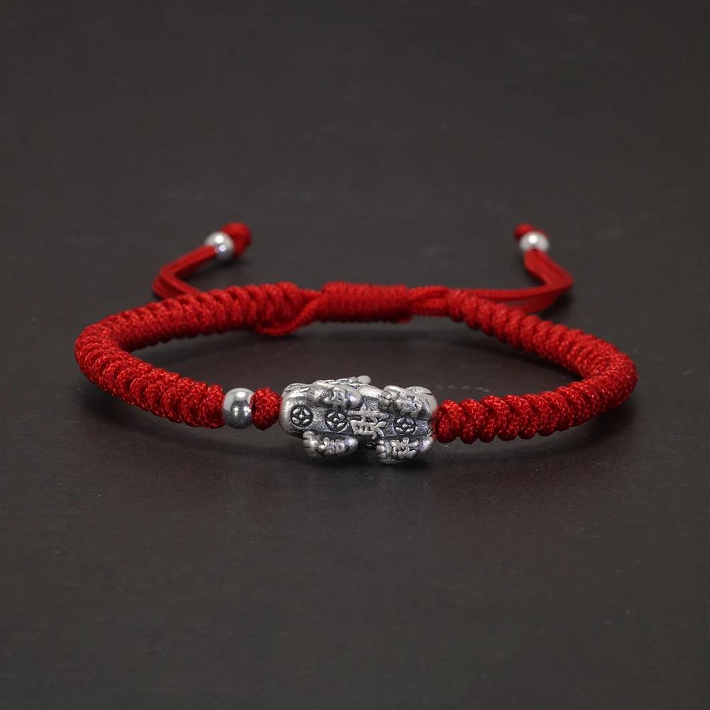 Hand braided Lucky Red Rope Bracelet 999 Sterling Silver 3D Pixiu Tibetan Buddhist Knot Adjustable Charm Bracelet - GQTORCH Jewelry