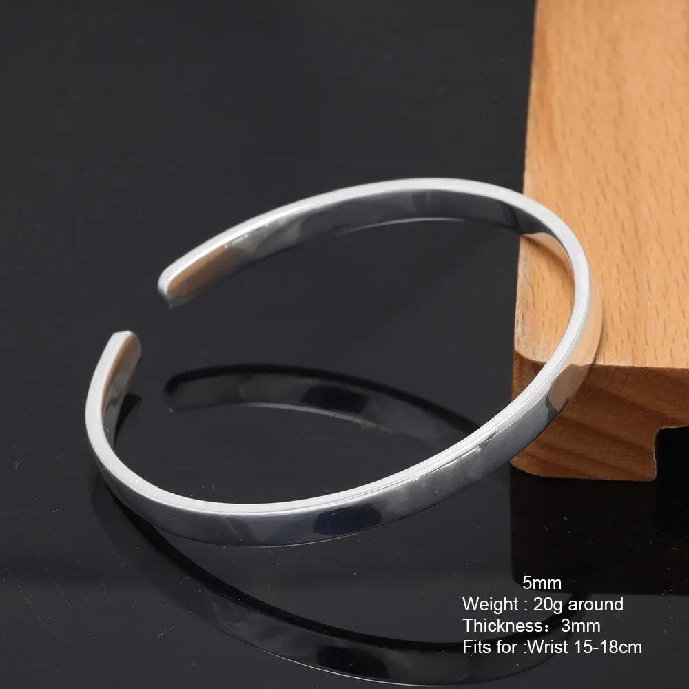 Real 999 Sterling Silver Simple Smooth Cuff Bracelet Men and Women Shining Craft Couple Bangle Minimalism Jewelry - GQTORCH Jewelry