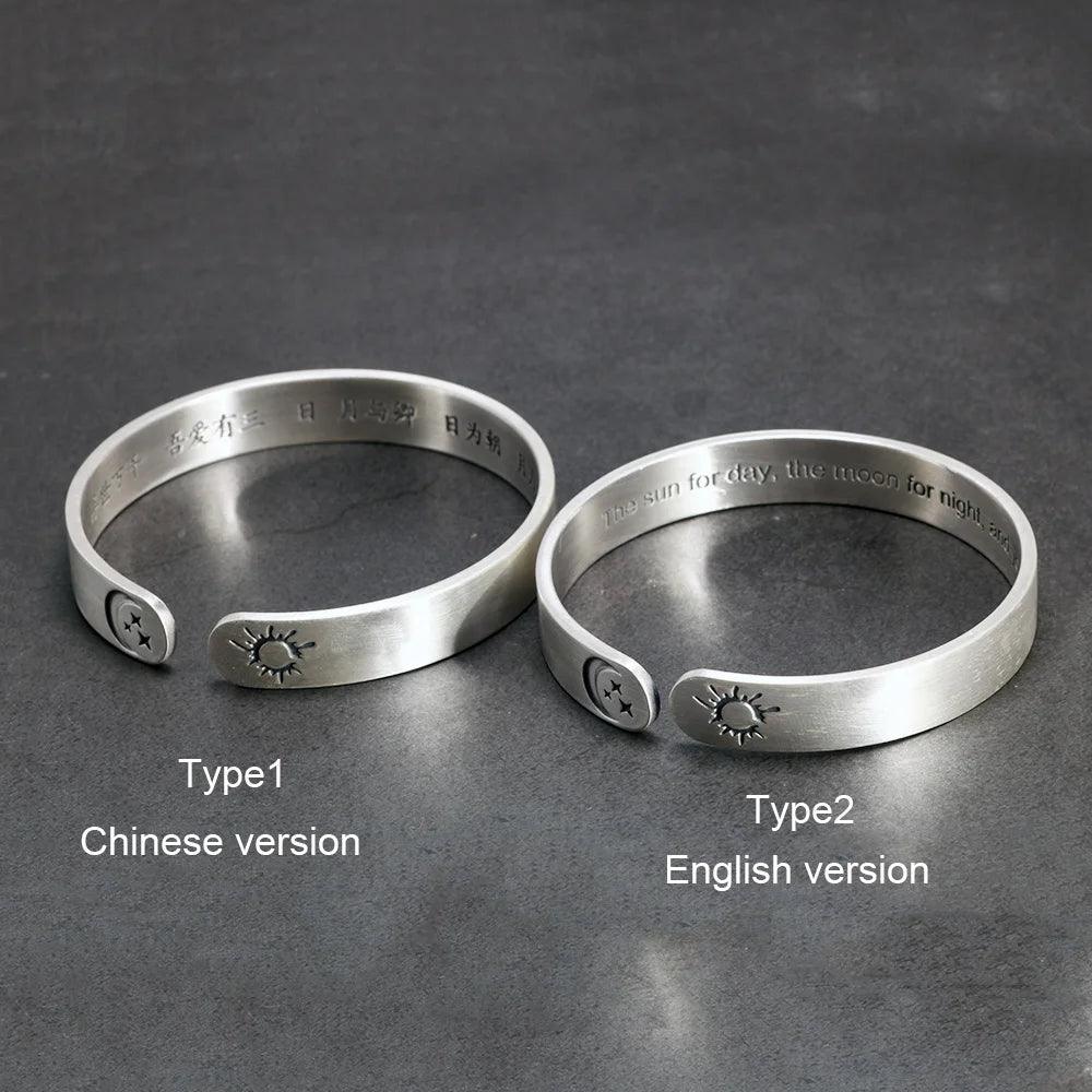 Solid 999 Sterling Silver Jewelry Couple Bangles for Lovers' Sun and Moon Engraved Design Retro Punk Steampunk Accessories - GQTORCH Jewelry