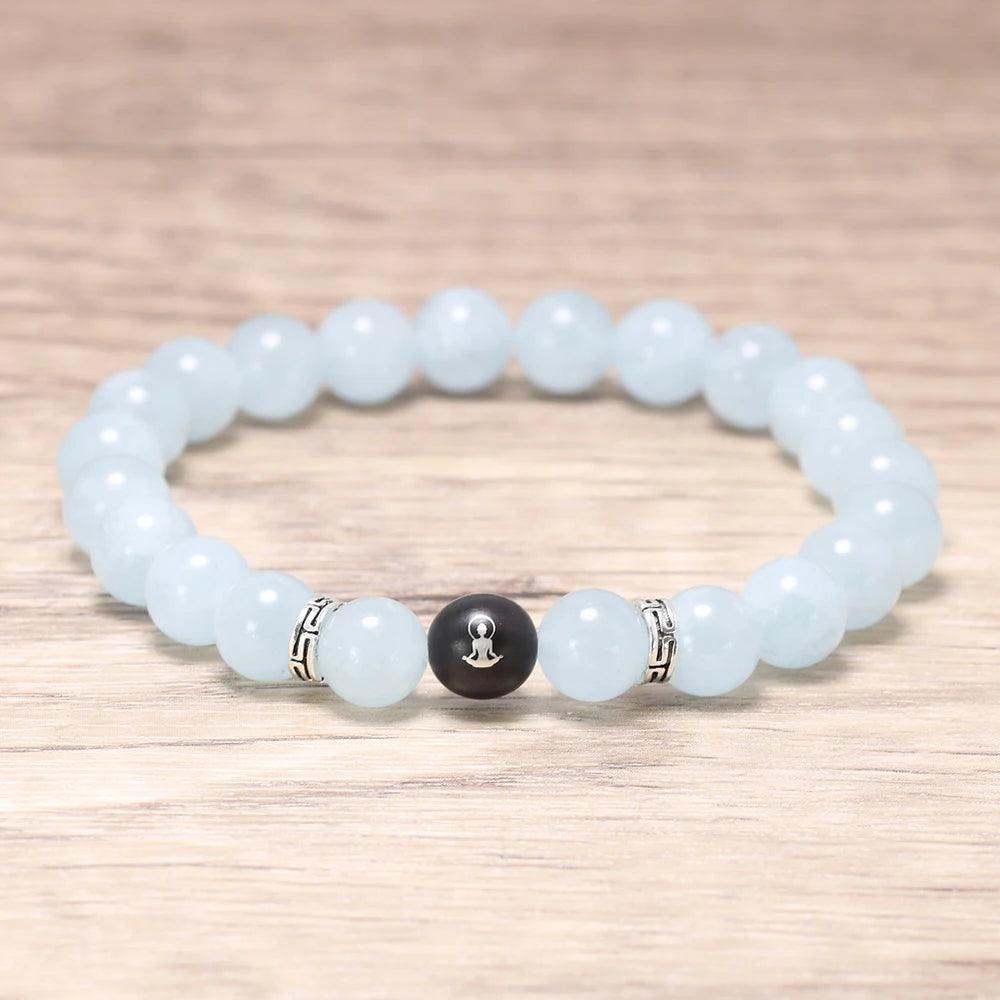 Natural Aquamarine Beads Bracelet with Lotus Finger Meditation Sandalwood Bead 925 Sterling Silver Accessories Men and Women - GQTORCH Jewelry