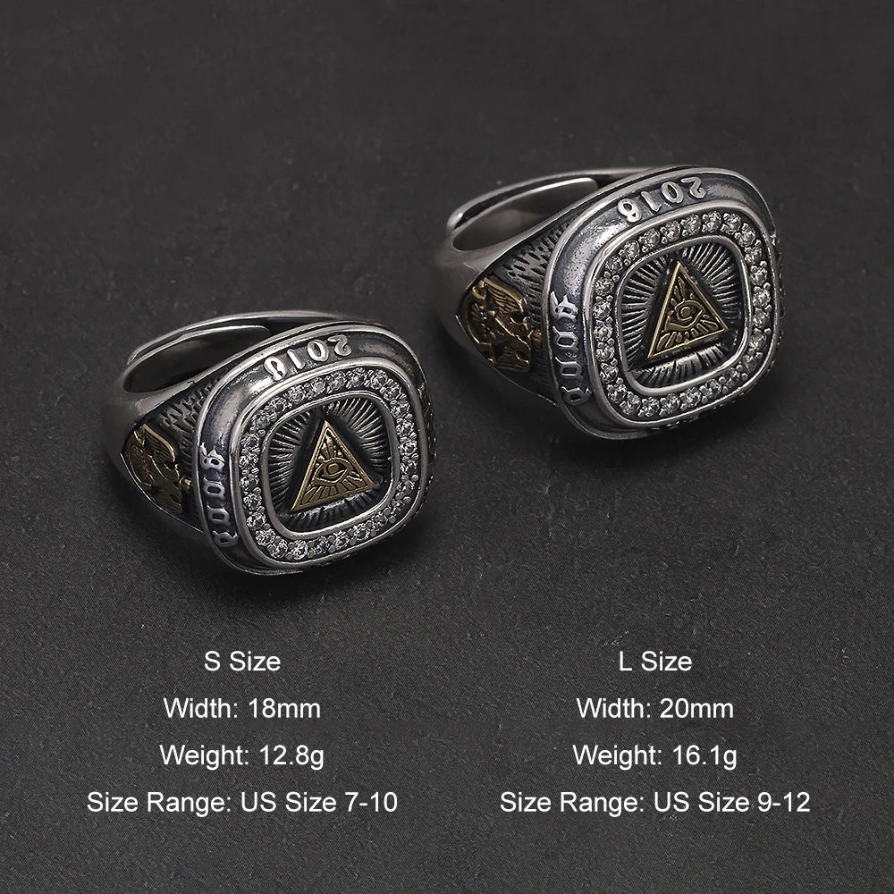 925 Sterling Silver Retro Eye of Providence Signet Ring for Men All Seeing Eyes Rings Punk Fashion Protective Jewelry