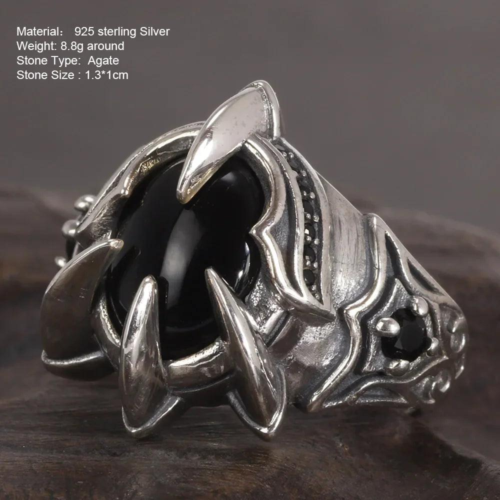 Real Pure 925 Silver Ring Cool Antique Paw Ring Men's Natural Stone Oval Black Agate Retro Hip Hop Adjustable Jewelry - GQTORCH Jewelry