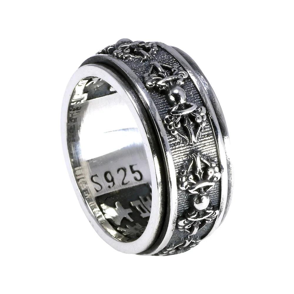 Real 925 Sterling Silver Vajry Rings For Men 10mm Rotatable Shift Luck Scriptures Engraved Tibetan Buddhist Jewelry - GQTORCH Jewelry