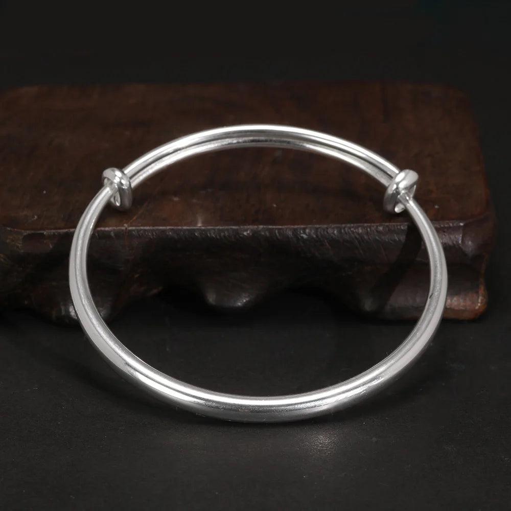 Solid 999 Sterling Silver Simple Push-pull Bracelet Women and Kids Smooth Minimalist Jewelry First Birthday Gift - GQTORCH Jewelry
